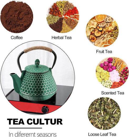 Cast Iron Tea Pot - Honeycomb Pattern Tea Kettle with Tea Leaf Infuser,Stovetop Tea Kettle Coated with Enameled