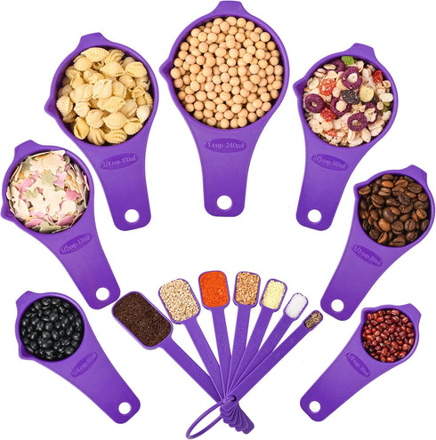 Plastic Measuring Cups and Spoons Set, 15 Pieces, 7 Dry & Liquid Measuring Cups, 7 Spice Spoons with Leveler