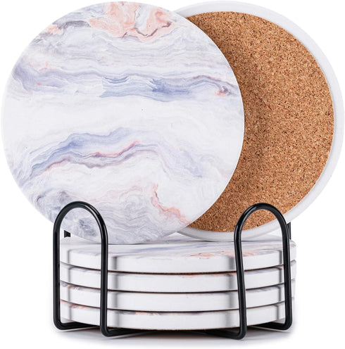 Hoewina 6Pcs Drink Coasters with Holder, Marble Style Ceramic Drink Coaster, Absorbent Coasters