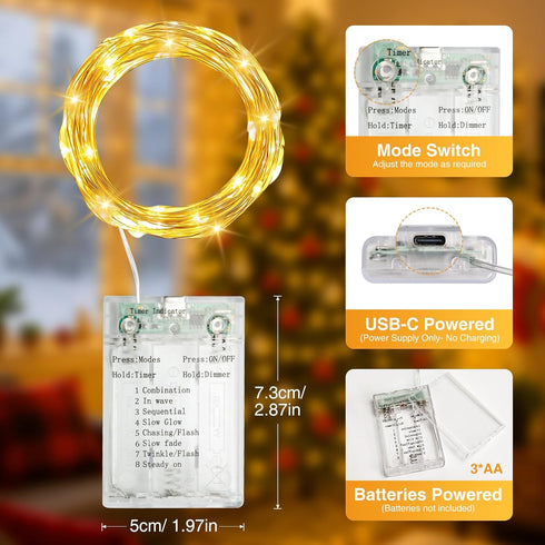 16FT 50 8 LED Fairy Lights Battery Operated with Timer, Modes USB Mini Twinkle Light, Small String Lights for Tree