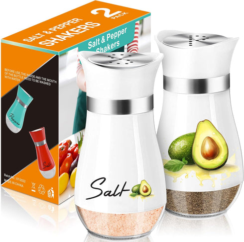 Avocado Salt and Pepper Shakers Set, 4 oz Glass Bottom Shaker with Stainless Steel Lid, Kitchen Decor Refillable