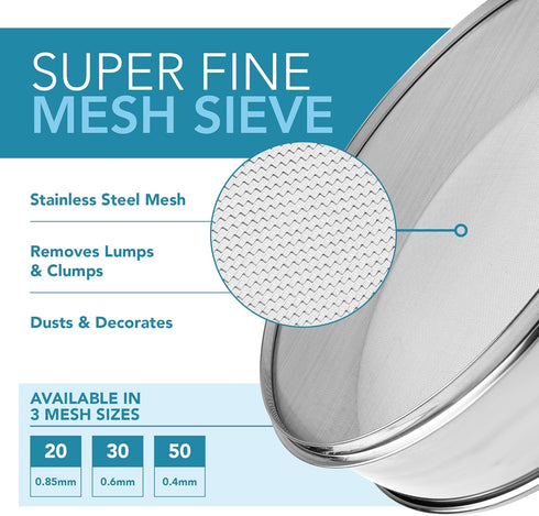 Stainless Steel Flour Sifter, Fine Mesh Round Baking Sifter, 9.5" Diameter x 2.5" High, Mesh-Hole Size 0.3mm