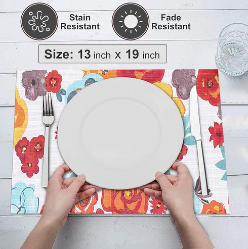 Ruvanti Placemats Set of 6, 100% Cotton 13x19 Inch, Modern Dining Table Decor, Kitchen & Table Linens, Multi Flower