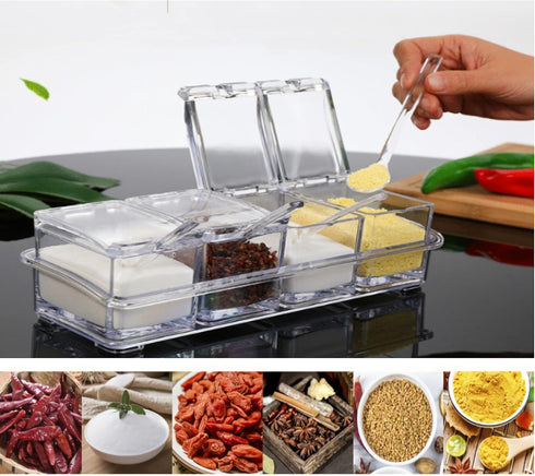 KNC Transparent Spice Rack, 4 Piece Acrylic Storage Container Jars with Cover and Spoon, Kitchen Organizer