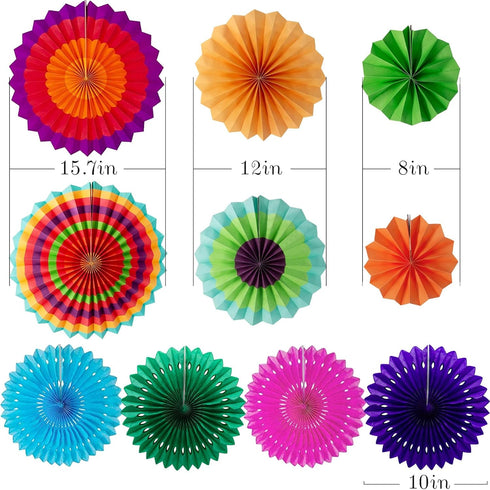 Huryfox 33pcs Fiesta Party Decorations - Colorful Mexican Themed Hanging Paper Fans, Pom Poms, and Streamers