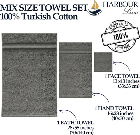 HARBOUR Loom 3-Piece Set 600 100% Boulevard Series Mix Size Luxury Bathroom Towel - Includes Bath Towel, Hand Towel