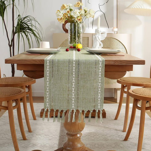 72 Inches 13"72") Wracra Rustic Hemstitch Table Runner, Linen Farmhouse Table Runners Long with Tassels for Dining