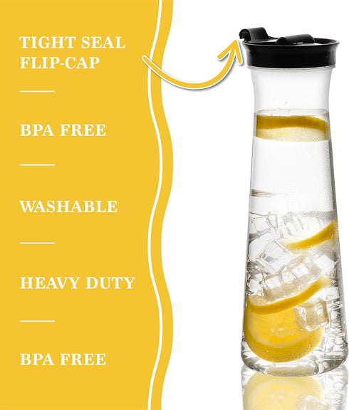 Clear Plastic Water Pitchers with Flip Top Black Lids, 34 OZ Heavy Duty Beverage Jug, Pack of 2