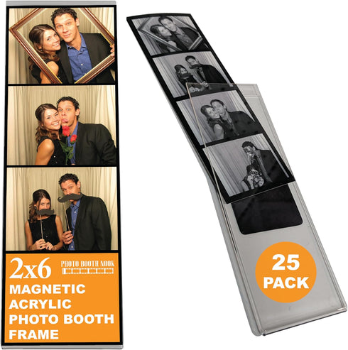 Photo Booth Nook 2x6 Magnetic Picture Frame (25 Count) - Crystal Clear Acrylic with Strong Magnet and Silver Inserts