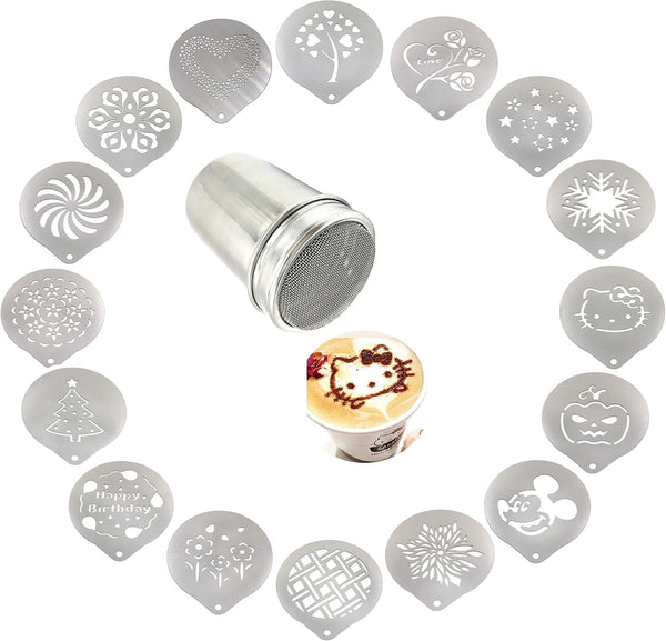 Lofekea Stainless Steel Powder Shakers, 16PCS Barista Stencils for Coffee Decorating and Baking