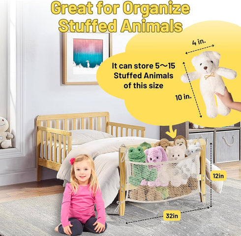 Stuffed Animal Storage Net for Kids, Bedside Toy Organizer Net - Neatly Store Your Stuffed Animals, Cotton Bedside Stuffed Animal Storage Net with Tether, Stretches up to 32 Inches, Beige