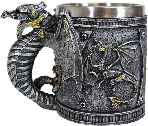 Ebros Gift Steampunk Nightcrawler Silver Firewheel Cyborg Dragon Beer Stein Tankard Coffee Mug