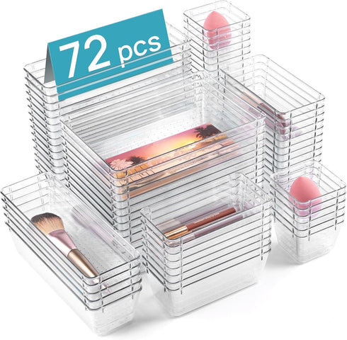 Vtopmart 72 PCS Clear Plastic Drawer Organizers Set, 4-Size Versatile Storage Bins for Makeup, Jewelry, Kitchen Utensils