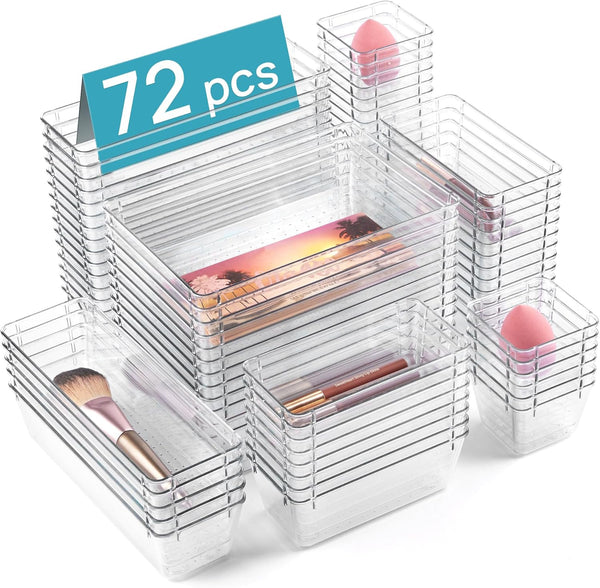 Vtopmart 72 PCS Clear Plastic Drawer Organizers Set, 4-Size Versatile Storage Bins for Makeup, Jewelry, Kitchen Utensils