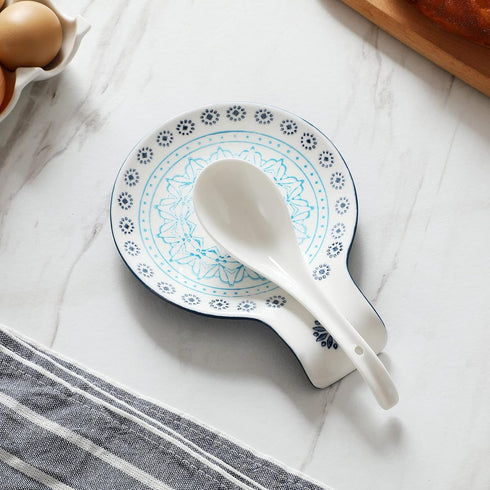 Hand Painted 5.5" Ceramic Spoon Rest, Blue Pattern Utensil Holder for Stove Top, Great Cooking Gifts