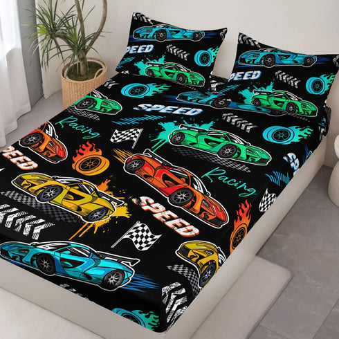 Set 2 Sets. HOSIMA Cartoon Sports Car Bedding - Queen Size, Fast and Furious Racing Car Pattern with Pillowcases, Black