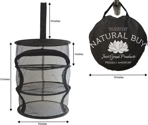 9 Inch 3 Level MICRO Hanging Dry Net, Indoor/Closet Drying Rack for Herbs, Black Mash Screen with Zipper