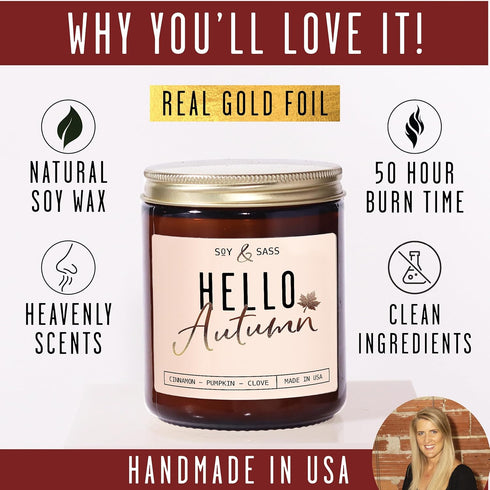 'Hello Autumn' Fall Candle - 9oz Jar with Apple, Cinnamon & Nutmeg, Infused with Essential Oils, 50Hr Burn, Cozy Fall