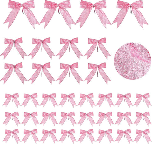 Waydress 36 Pieces Bow Decor, Pink Christmas Tree Bow Ornament, Glitter Ribbon Bowknot for Wreath Garland, Party Crafts