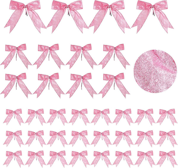 Waydress 36 Pieces Bow Decor, Pink Christmas Tree Bow Ornament, Glitter Ribbon Bowknot for Wreath Garland, Party Crafts
