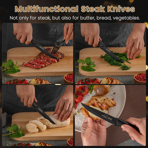 Set of 8 Stainless Steel Steak Knives, Serrated and Dishwasher Safe, Elegant Black Design
