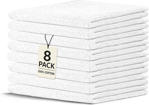 Crystal Ridge 100% Cotton Premium Wash Cloths, 12"x12", 8 Pack, Soft Feel, Absorbent Multipurpose