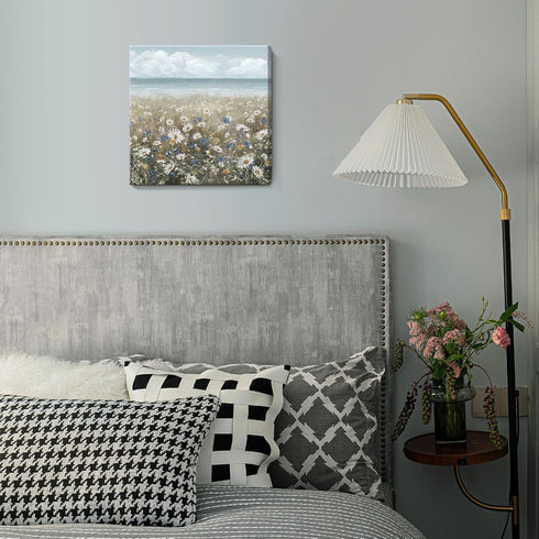 Canvas Wall Art Beach Floral Picture, Coastal Boho Farmhouse Nautical Sea Ocean Wildflowers Vintage Artwork