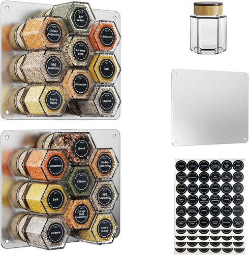 Vetacsion Set of 18 Magnetic Glass Spice Tins with 100 Preprinted Seasoning