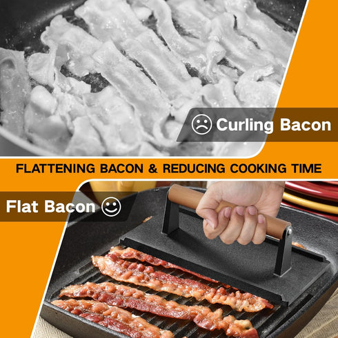 Yoehka 1PCS Cast Iron Grill Press, Heavy Duty Bacon/Burger/Griddle/Chef Press with Wood Handle, Perfectly Grilled