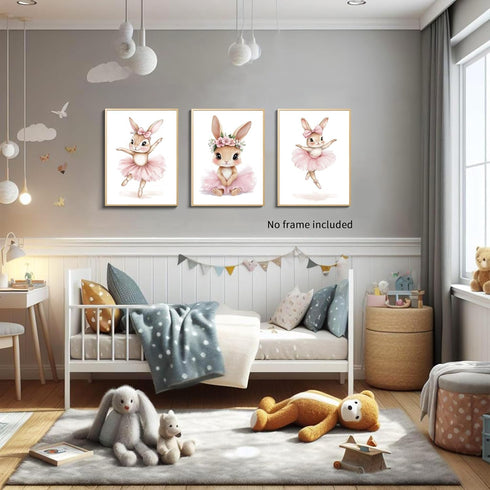 Set 3, 12x16 Baby Girl Nursery Wall Decor, Easter Nursery Canvas Wall Art Paintings of Cute Animal Pink Bunny Posters