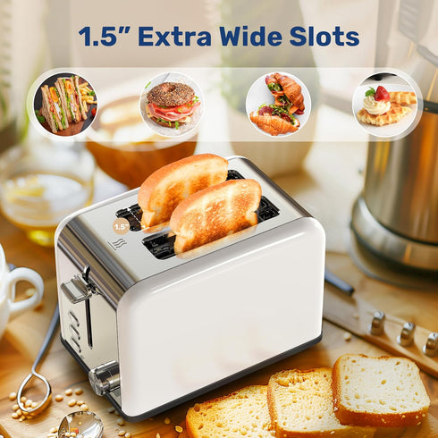YSSOA Stainless Steel 2 Slice Toaster, Extra Wide Slot with 6 Shade Settings and Bagel/Defrost/Cancel Functions, White