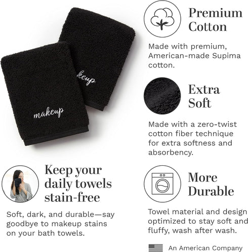 Pack 2-730 12" 12" Laguna Beach Textile Co. Plush Zero Twist Supima Cotton Makeup Towels - of GSM - x (Black - Makeup