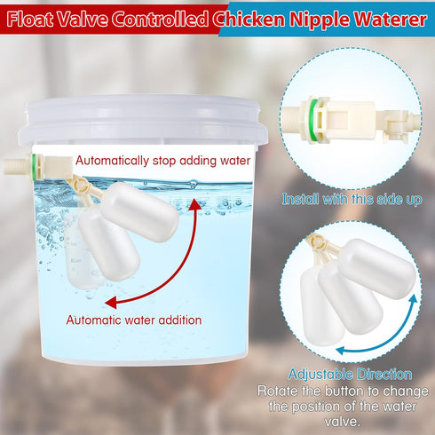8 Pack Set 1/2'' Dreyoo Automatic Chicken Waterer, Complete with PVC Tee Fittings, Float Valve Controlled Automatic