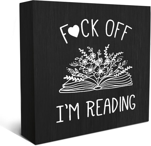 I'm Reading Minimalist Floral Book Wood Box Sign Desk Decor, Black Inspirational Wooden Block Box Sign for Home Reading