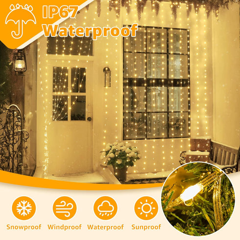 600LED 19.7ft 9.8ft, IP67 8 3 Ollny Curtain Lights x Waterproof Outdoor Curtain Rice Lights with Remote, Plug