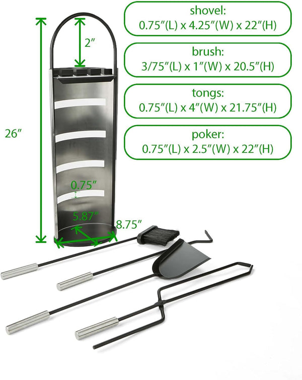 Mind Reader Fireplace Set with Stand - 4 Pcs, Durable Steel, Brush, Shovel Scoop, Poker, Tongs, Silver