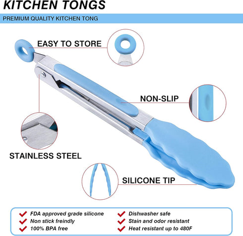 MSY BIGSUNNY Kitchen Food Tongs, 7" Mini Silicone Serving Tongs, Set of 3 (Blue)