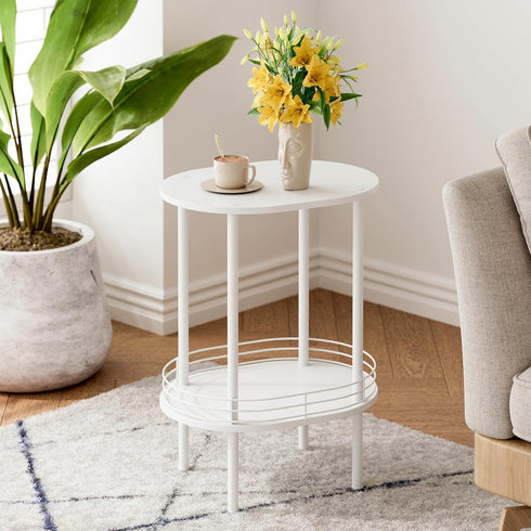 Storage,2-Tier (1PC,White) Small Modern Oval Side Table with Side Tables Living Room,Sturdy Nightstand for Small Space