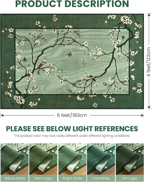 4x6 Area Rug for Living Room, Oriental Floral Birds Washable Rugs for Bedroom, Soft Low Pile Non Slip Carpet for Dining