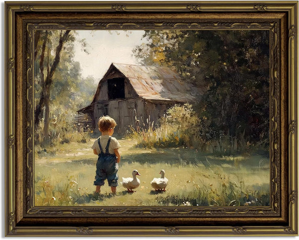 Gold Frame Vintage Country Canvas Wall Art Boy Duckling Barn Wall Decor