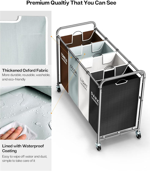 ROMOON 4 Section Laundry Sorter with Wheels, Rolling Hamper, Large Capacity Removable Bags