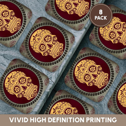 3D Rose Day of The Dead Cool Design Grey Soft Coasters - Yellow/Burgundy/Gray, 8 Count