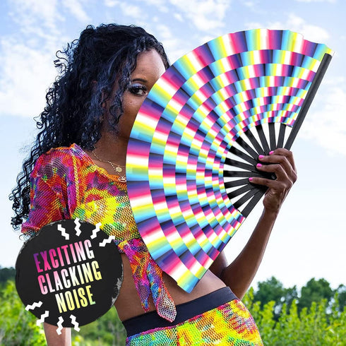 GloFX Folding Fan - Large Trippy Rave Clack Hand Fan for Men/Women for Events, Parties, Dance, Gift
