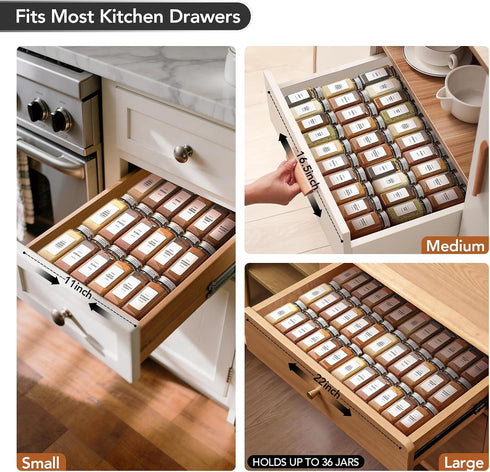 3-Tier (11"22"), Expandable Drawer Spice Organizer, Thickened Plastic Spice Rack for Kitchen Drawers Non-Slip & Easy