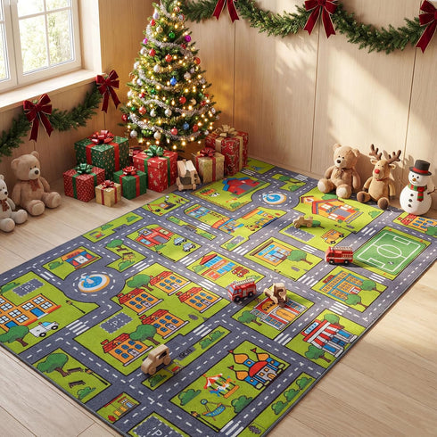 4x6 3-12 Merelax Kids Car Area Rug, Grey Green Area Road Rugs for Living Room Playroom Classroom Bedroom, Non Slip Kids