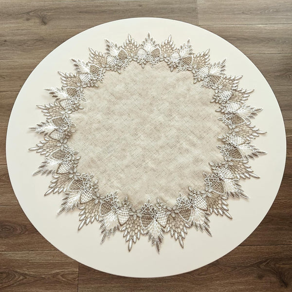 Polyester Round Doily, 60cm*60cm Beige Table Cover with Lace Trim, Coffee Table