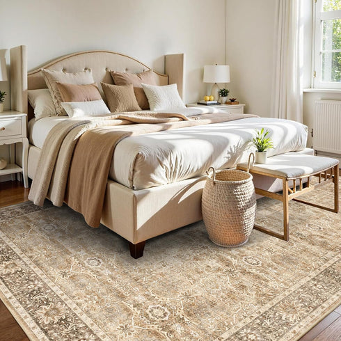 5x7 Beige Washable Rug for Living Room Large Vintage Distressed Bedroom Rug Low Pile Non-Slip Soft Boho Carpets
