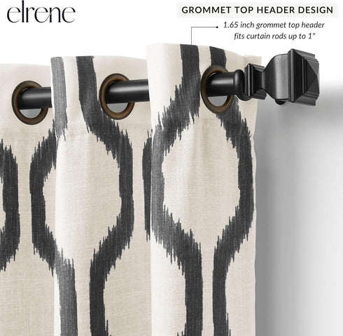 Elrene Home Fashions Renzo Ikat Geometric Room-Darkening Window Curtain, 52"x95", 1 Panel, Black