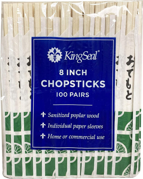 200 Count | KingSeal 8 Inch Natural Poplar Disposable Wood Chopsticks - Bulk Pack, 2 Packs x 100 Pairs