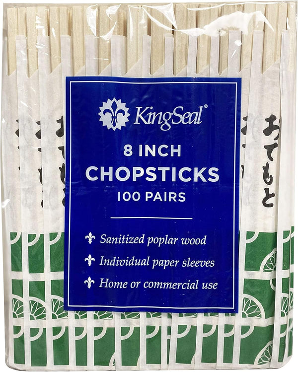 200 Count | KingSeal 8 Inch Natural Poplar Disposable Wood Chopsticks - Bulk Pack, 2 Packs x 100 Pairs